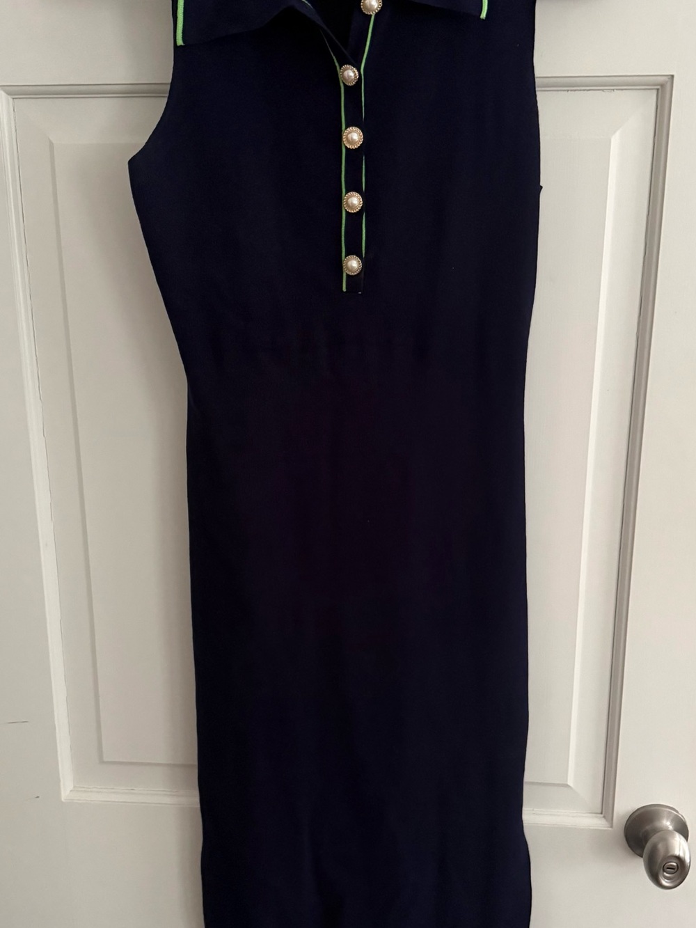 Alexia Admor Navy Midi Polo Dress with Green Piping and Pearl Buttons Medium